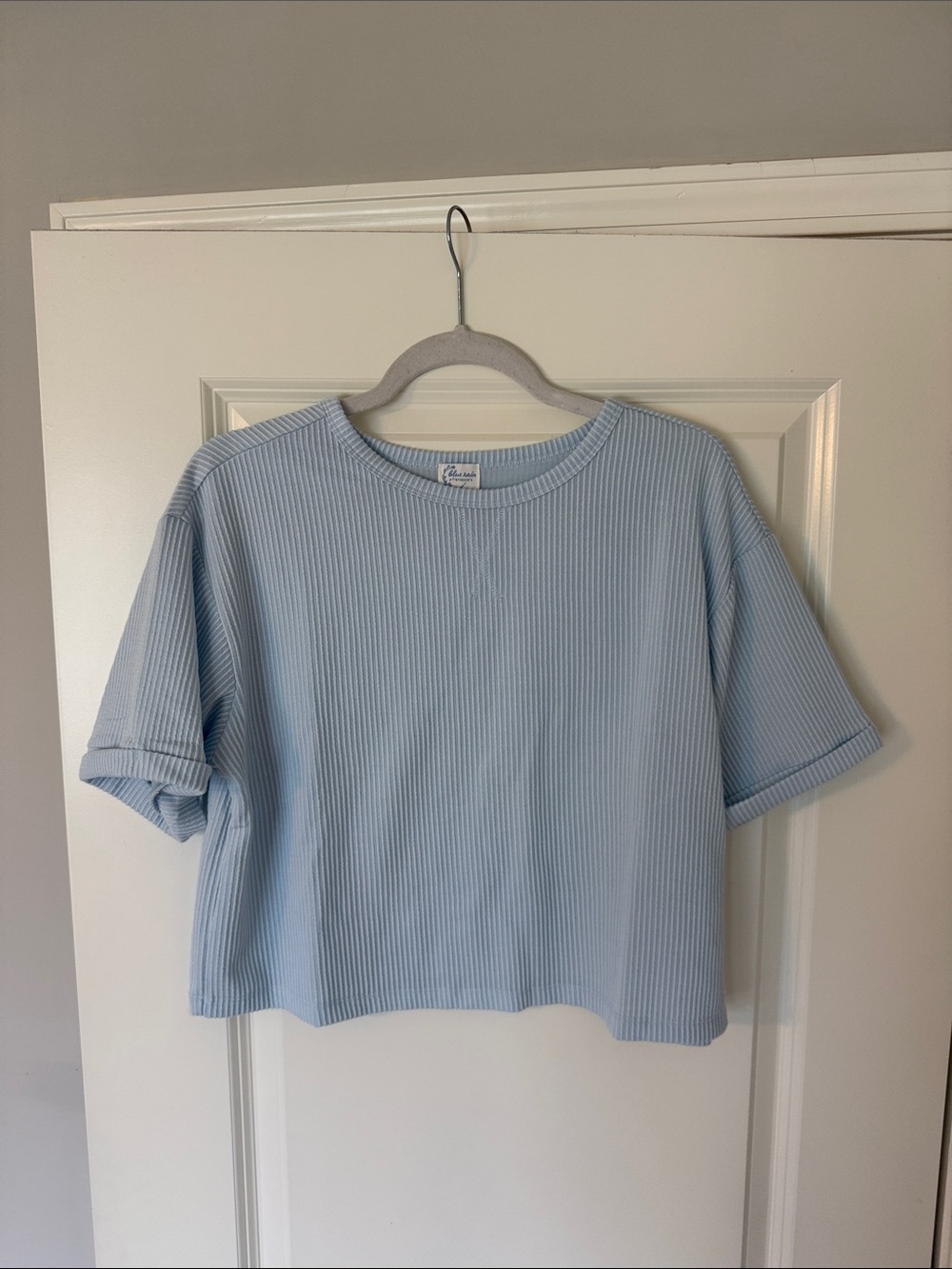 Blue Rain Light Blue Rib-Knit Cropped Tee